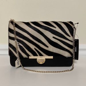 DKNY Womens Zebra Stripe Calf Hair Accordion Envelope Clutch Bag Black White